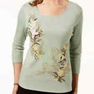 Karen Scott Petite Nature Escape Floral Green 3/4 Sleeve Top